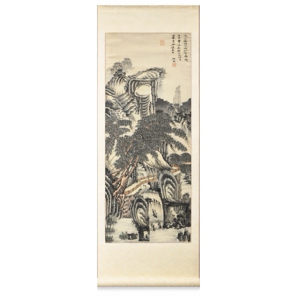 Chinese Oriental Landscape Hanging Scroll Ink Painting Silk Mount Wall Art